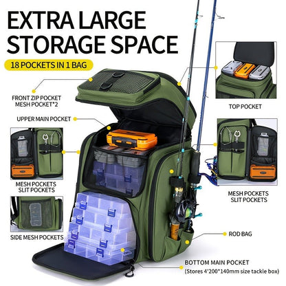 Fishing Backpack with Rod Holder 45L – Large Capacity Outdoor Tackle Bag, Waterproof Travel Shoulder Pack for Fishing Camping Hiking