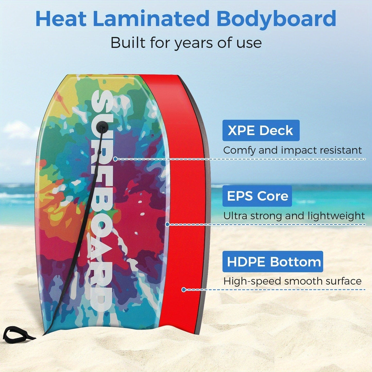Multicolor 41-Inch Bodyboard with XPE Deck, EPS Core, HDPE Bottom, Crescent Tail and Wrist Leash
