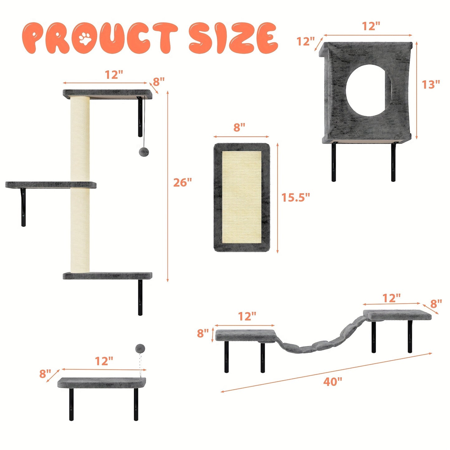 Cat Wall Shelves 5-Piece Set – Wall-Mounted Cat Furniture with Floating Perch, Cat Climber, Bridge & Cat Bed