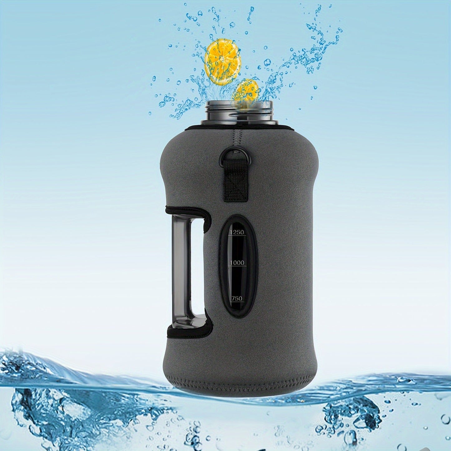 Half Gallon Water Bottle 74oz with Insulated Sleeve, Straw & Time Marker – BPA Free Leakproof Large Sports Jug with Carrying Handle & Strap