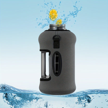 Half Gallon Water Bottle 74oz with Insulated Sleeve, Straw & Time Marker – BPA Free Leakproof Large Sports Jug with Carrying Handle & Strap