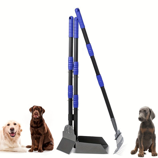 Dog Pooper Scooper Set – Stainless Steel Tray & Rake with Adjustable Long Handle, Rust-Proof Durable Pet Waste Removal Tool, Easy to Clean