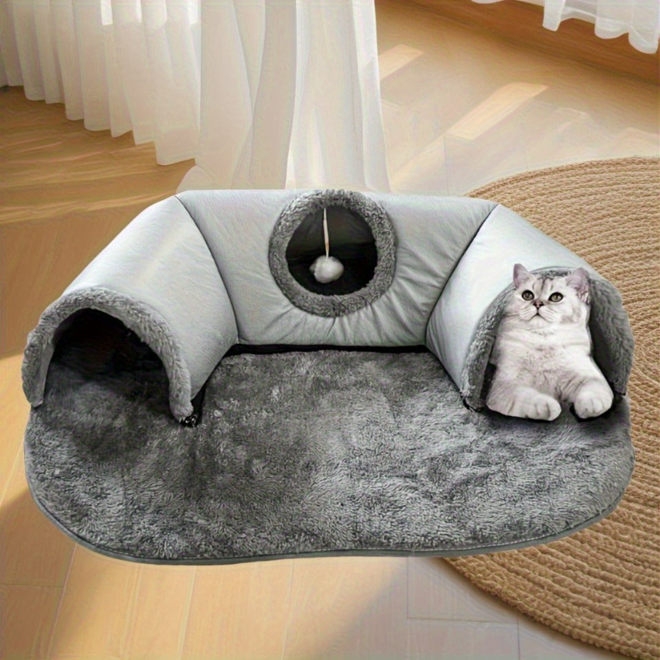 Cat Tunnel Bed 3-in-1 Play Mat & Warm Nest with Non-Slip Base, Durable Chew-Resistant Polyester Cat Bed for Indoor Cats