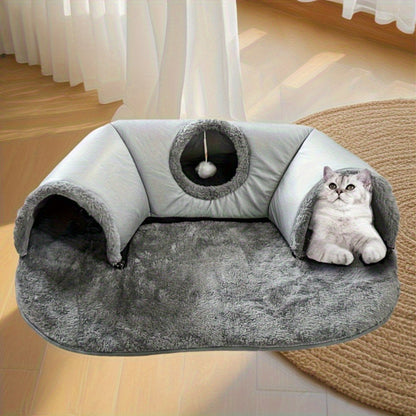 Cat Tunnel Bed 3-in-1 Play Mat & Warm Nest with Non-Slip Base, Durable Chew-Resistant Polyester Cat Bed for Indoor Cats