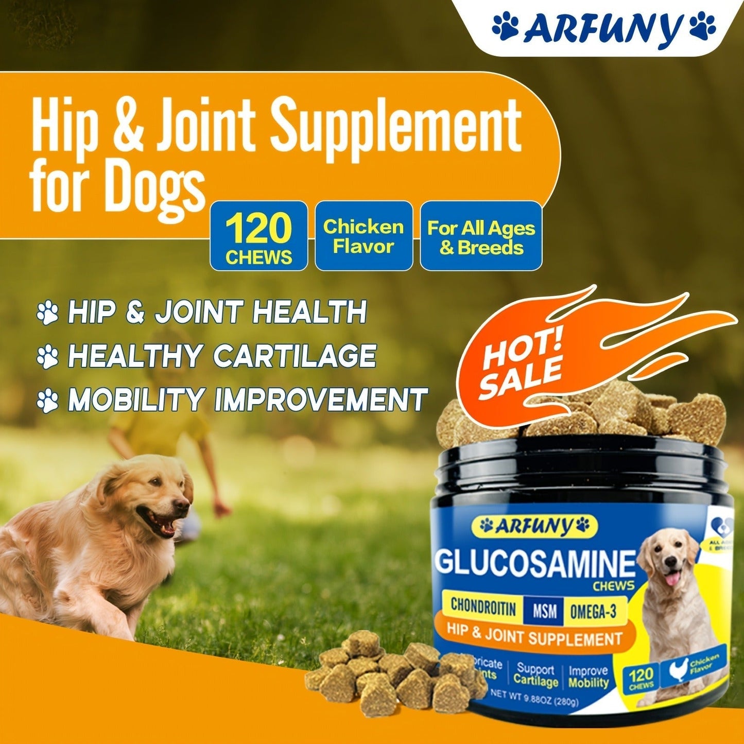 Chicken-Flavor Dog Supplement Soft Chews with Glucosamine, Chondroitin, MSM and Vitamins, 120 Count