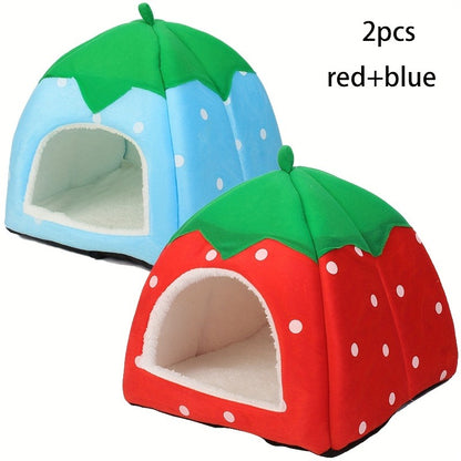 Small Animal Hideaway Bed 2pcs – Strawberry Plush Hideout for Guinea Pigs, Hamsters & Rabbits, Semi-Enclosed Warm Nest with Leaf Design