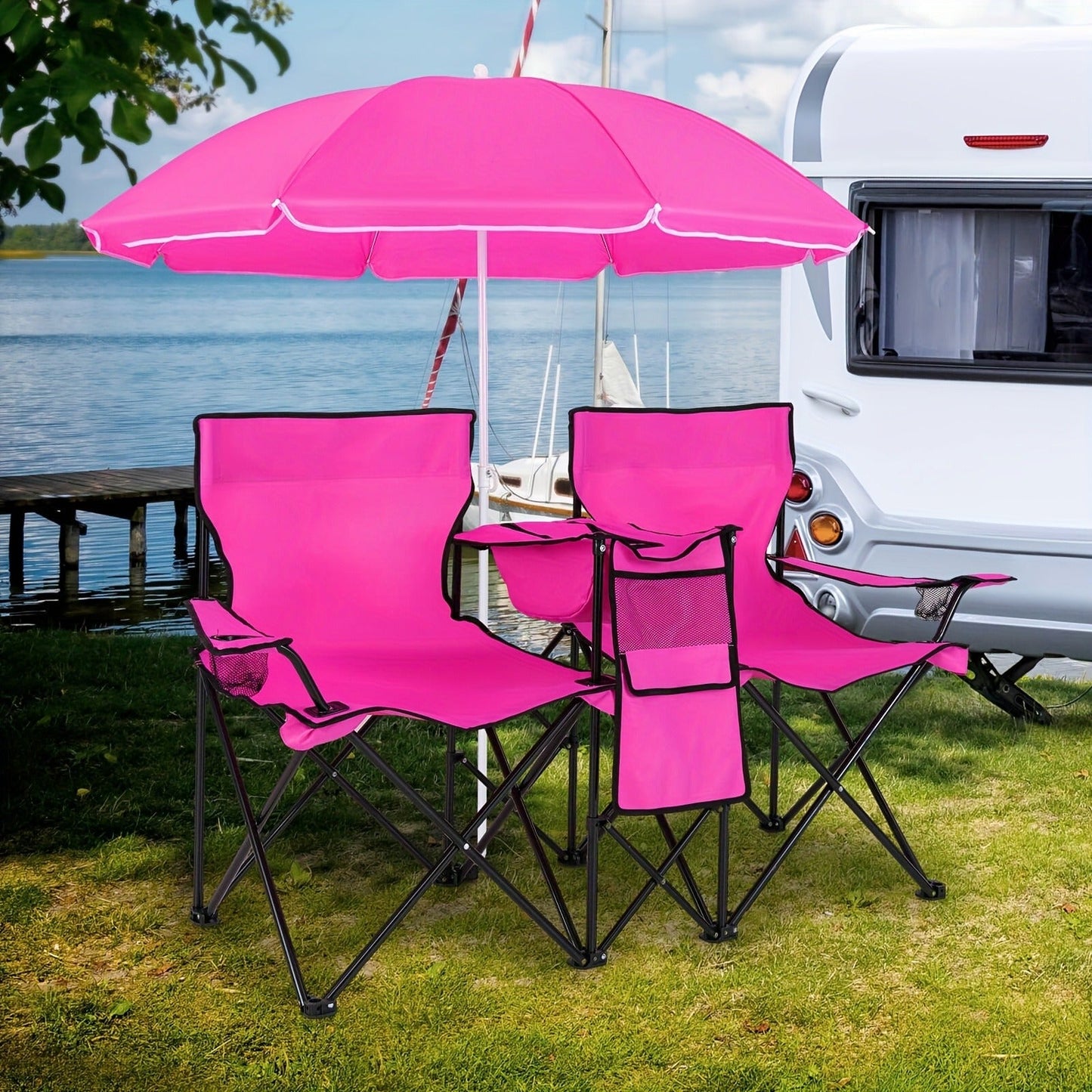 Folding Picnic Chair Set for 2, Umbrella, Cooler Bag & Table, 600 Lbs Capacity, Portable, for Camping, Travel and Outdoor Use