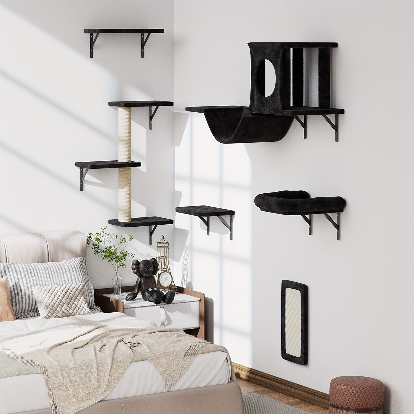 Cat Wall Shelf Climbing Set – 7-Piece Deluxe Wall Mounted Cat Furniture with Condo, Scratching Post, Bridge