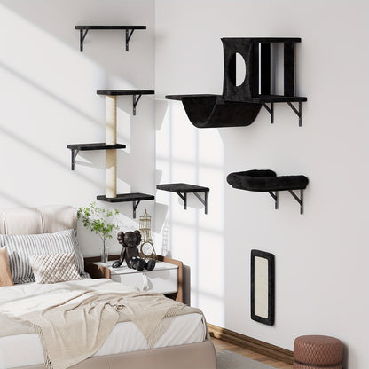 Cat Wall Shelf Climbing Set – 7-Piece Deluxe Wall Mounted Cat Furniture with Condo, Scratching Post, Bridge