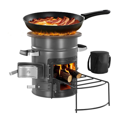 Wood Burning Rocket Stove Portable Camping Stove with Cast Iron Top, Double Door, Fireproof Lining