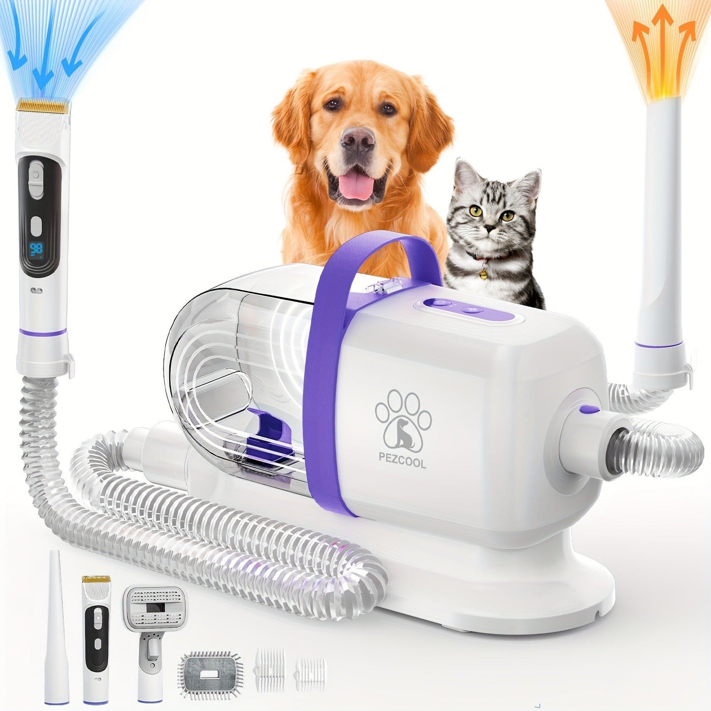 Pet Grooming Vacuum Kit with 2.2L Cup, Purple or Orange Trim and 8-in-1 or 9-in-1 Dryer Packages