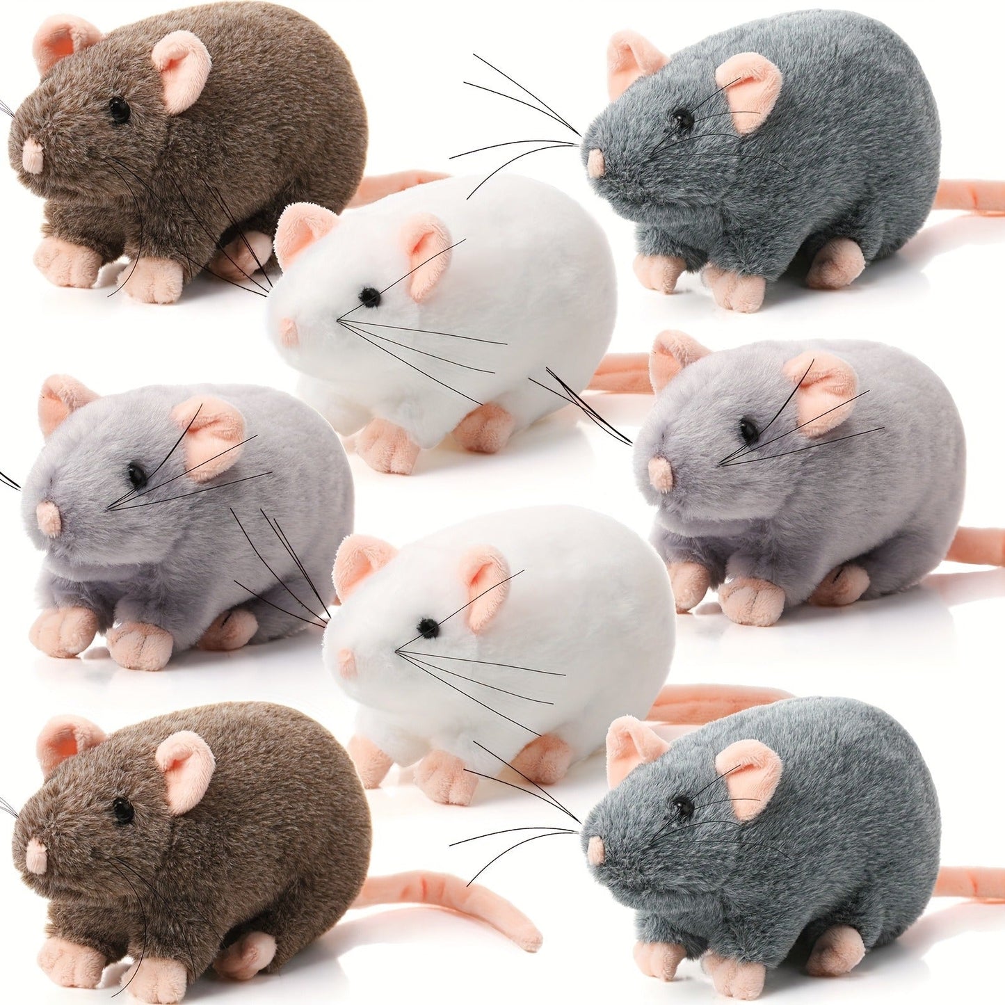 Cat Toy 8-Pack of 7-Inch Plush Mice in White, Gray and Brown with Long Tails and Rounded Bodies