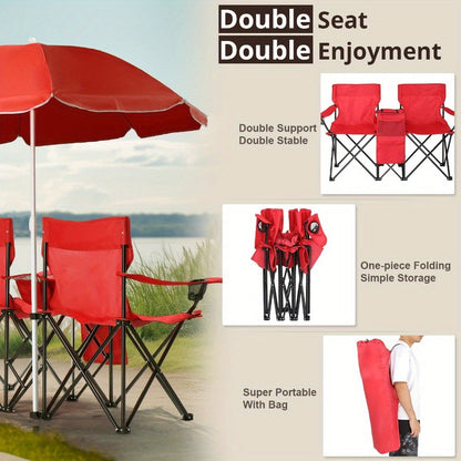 Folding Fishing Chair with Sun Umbrella – 2-Seat Portable Outdoor Chair, Iron Alloy Frame & Oxford Fabric, Built-In Storage Bag & Carry Bag