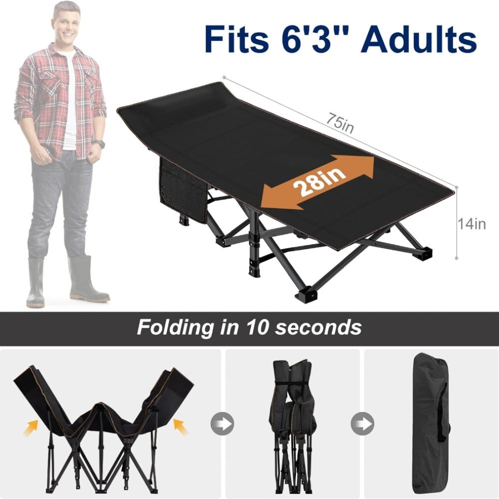 Folding Camping Cot Bed for Adults – Heavy Duty Double Layer Oxford Portable Camp Cot with Soft Pad & Carry Bag for Camping, Beach