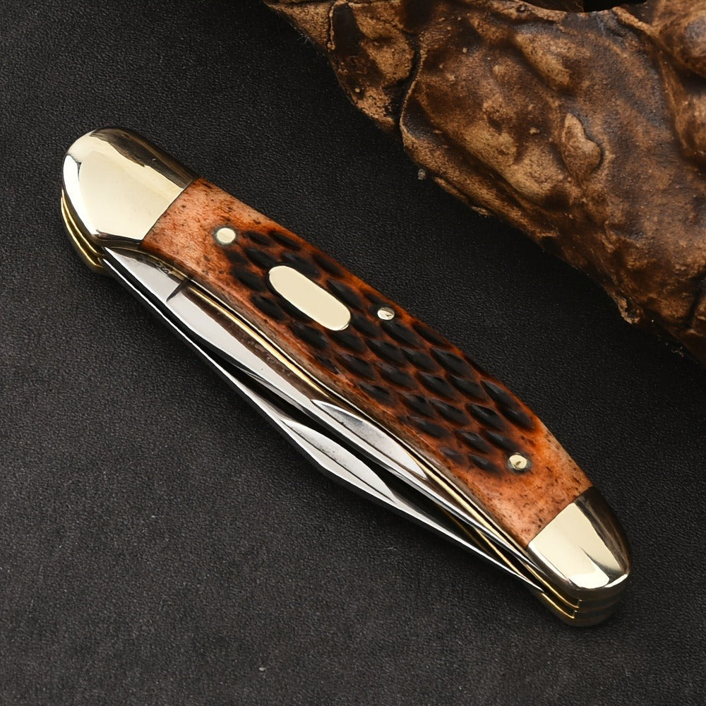 Folding Pocket Knife Handcrafted Multi-Tool with White Copper Finish, Wood Grain & Cow Bone Handle – Portable EDC Blade for Camping