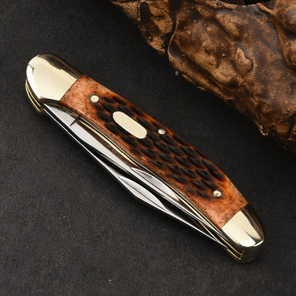 Folding Pocket Knife Handcrafted Multi-Tool with White Copper Finish, Wood Grain & Cow Bone Handle – Portable EDC Blade for Camping