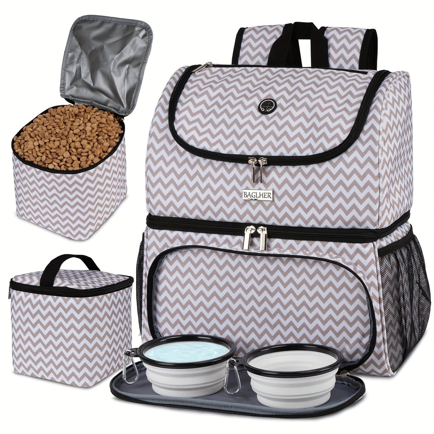 Pet Travel Backpack Double Layer Dog Cat Supplies Bag with 2 Collapsible Bowls 2 Food Baskets Portable Organizer for Outdoor Hiking Camping