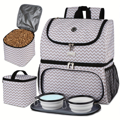 Pet Travel Backpack Double Layer Dog Cat Supplies Bag with 2 Collapsible Bowls 2 Food Baskets Portable Organizer for Outdoor Hiking Camping