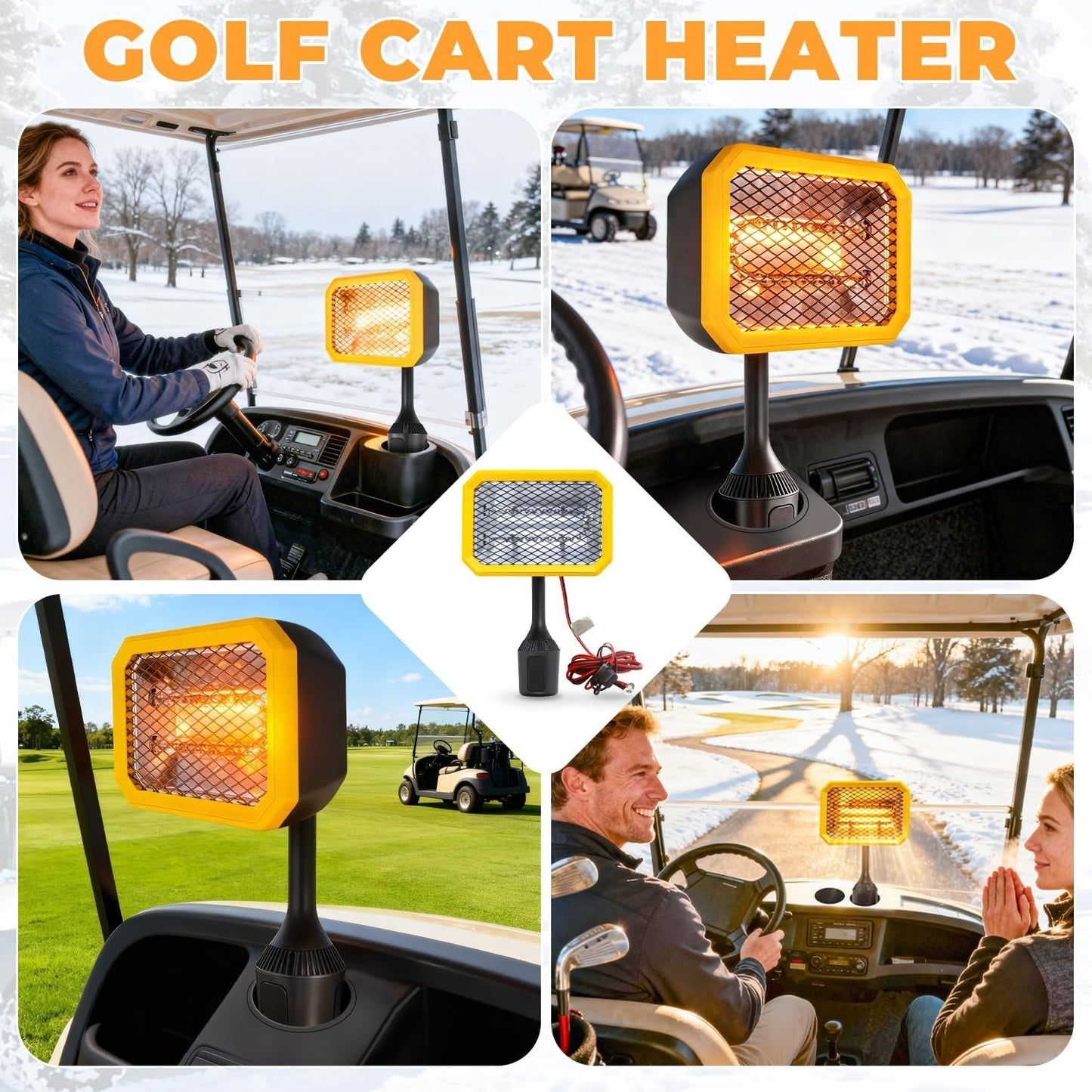 400W Electric Golf Cart Heater Carbon Fiber Fast Heating 360° Adjustable Angle Battery Powered Portable Heater with Cup Holder Adapter