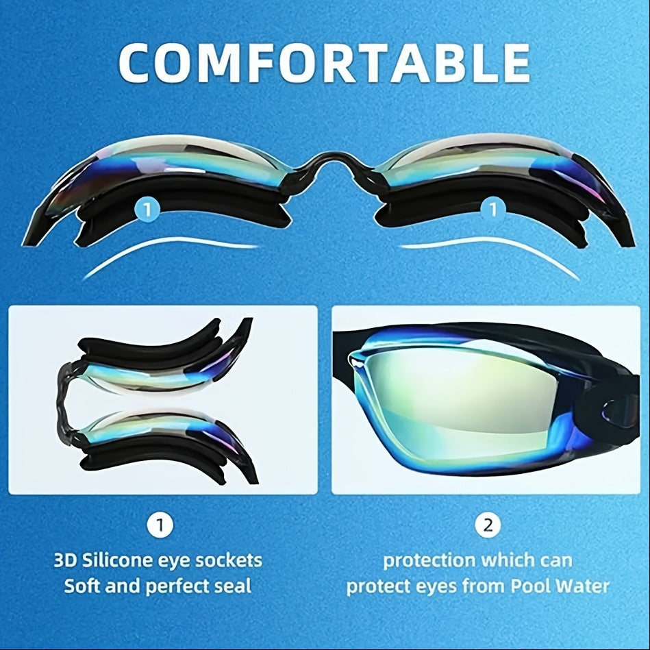 Iridescent-Lens Swim Goggles Set with Adjustable Split Strap, Swim Cap, Hard Case and Small Accessories