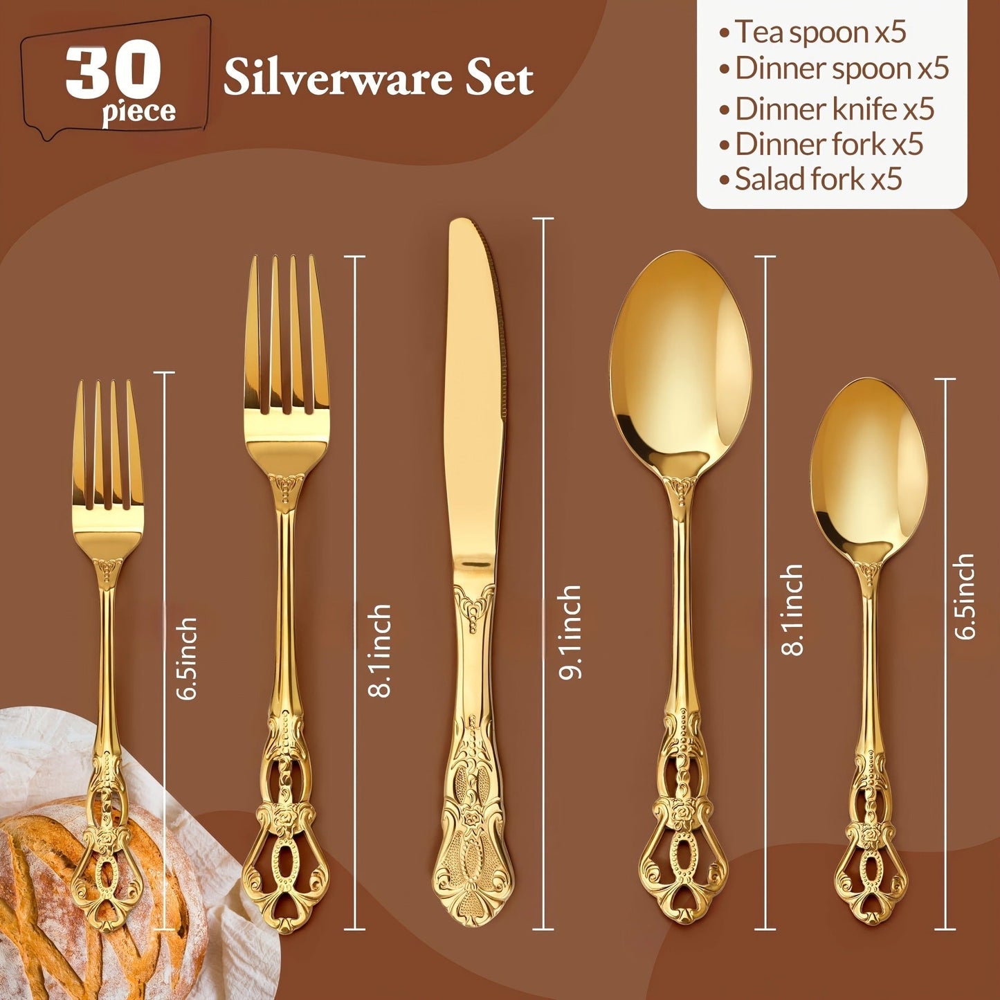 Stainless Steel Flatware Set – Vintage Royal Golden & Silver Silverware Set for 6, Rust-Resistant Dishwasher Safe Cutlery with Forks