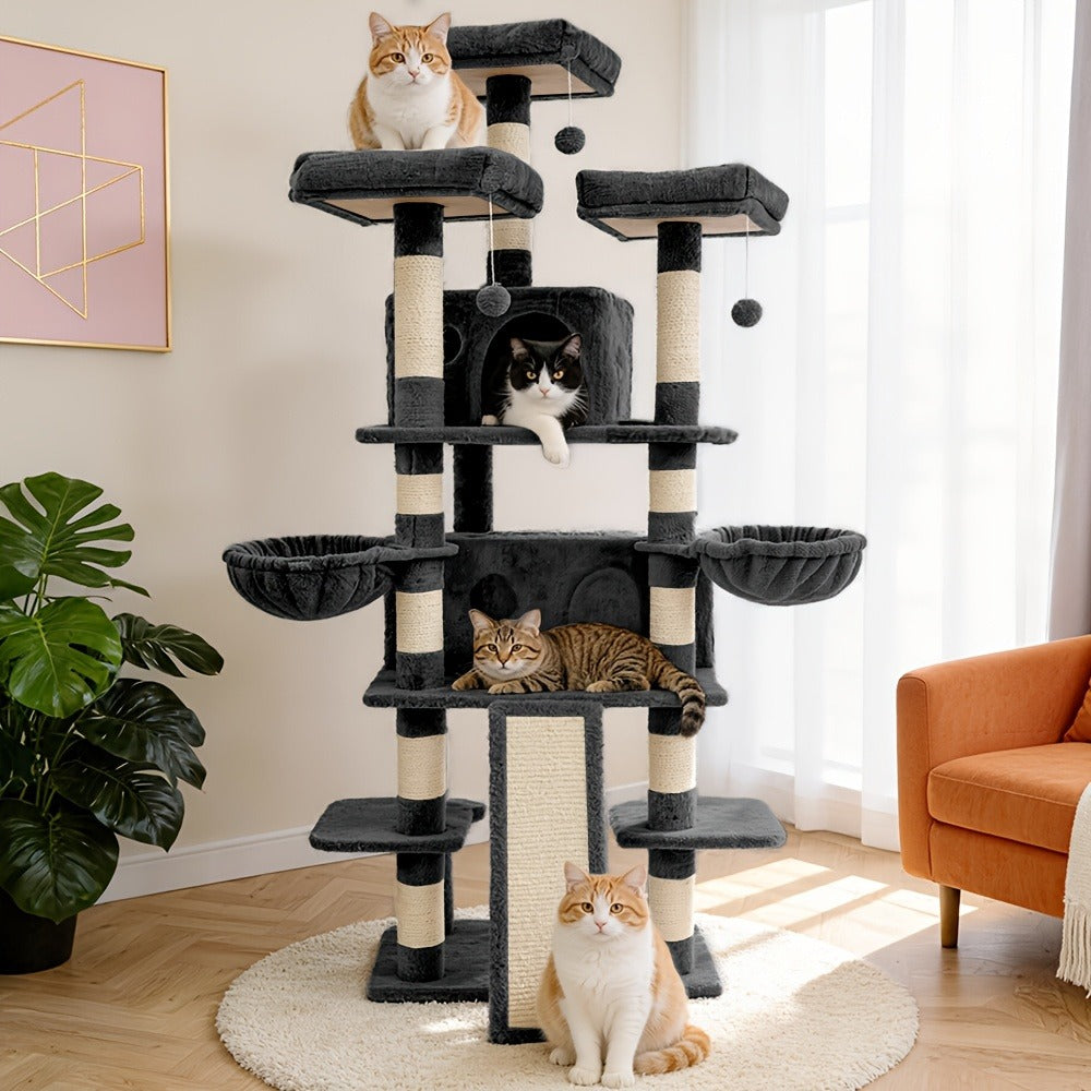 Large Multi-Level Cat Tower with Two Condos, Three Perches, Hammocks and Six Gray, Beige or Taupe Configurations