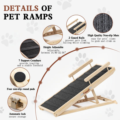 Dog Ramp for Bed & Sofa – Foldable Wooden Pet Ramp with Safety Guards, Adjustable Height, Holds 250 lbs, Indoor Outdoor Dog Steps