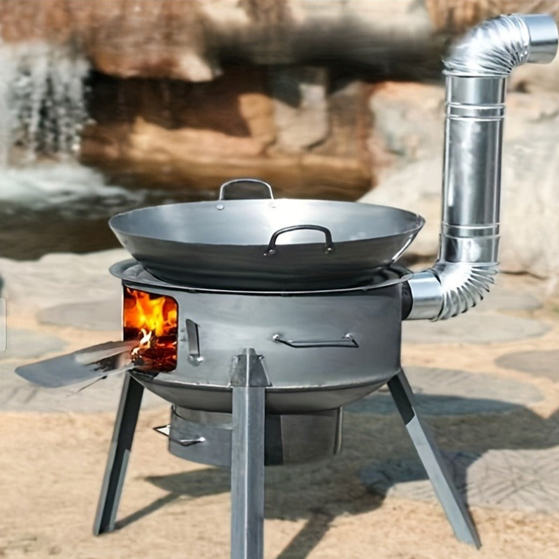 Round Wood-Burning Camp Stove Set with Chimney Pipe, Tripod Legs and 13.78- or 16.93-Inch Diameter Options