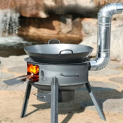 Round Wood-Burning Camp Stove Set with Chimney Pipe, Tripod Legs and 13.78- or 16.93-Inch Diameter Options