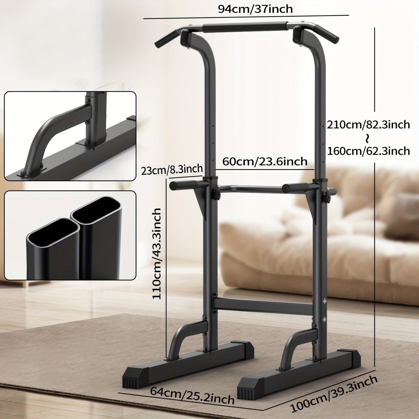 Power Tower Dip Station with Pull Up Bar – Adjustable Height Multi-Function Home Gym Strength Training Workout Station for Dips, Chin Ups