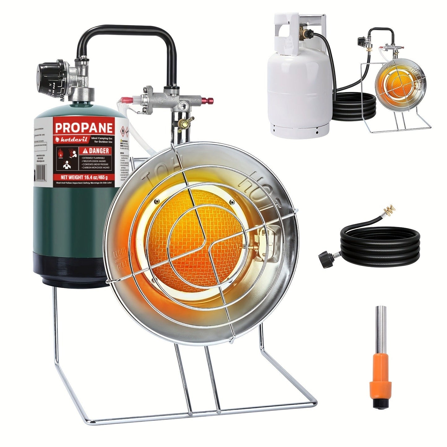 Round Propane Heater with Folding Stand, 8-Foot Hose, Regulator and Piezo Igniter Assembly
