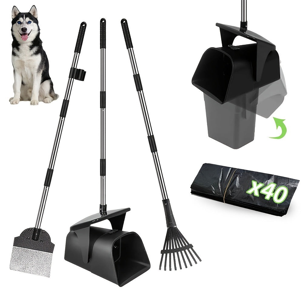 Dog Pooper Scooper with Long Handle & Swivel Bin – Heavy Duty Rake Spade Set, 40 Waste Bags Included, Pet Waste Removal for Yard Grass