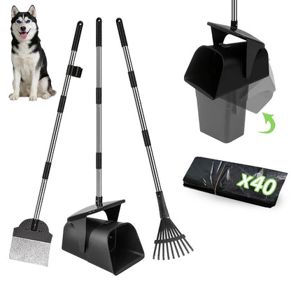 Dog Pooper Scooper with Long Handle & Swivel Bin – Heavy Duty Rake Spade Set, 40 Waste Bags Included, Pet Waste Removal for Yard Grass