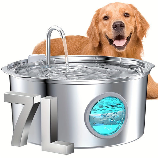 Stainless Steel Pet Water Fountain 1.85 Gal – Smart 304 SS Large Capacity Cat Dog Automatic Water Dispenser, Silent Pump, Filter Chip