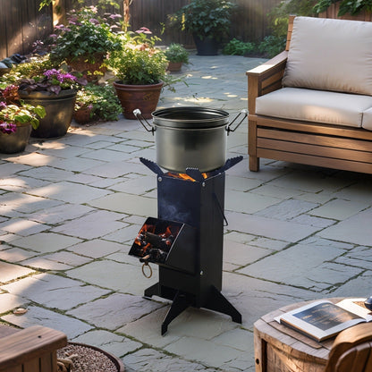 Black Rocket Stove with Detachable Side Feed Door, Four-Leg Base and Wood or Charcoal Fuel Configuration