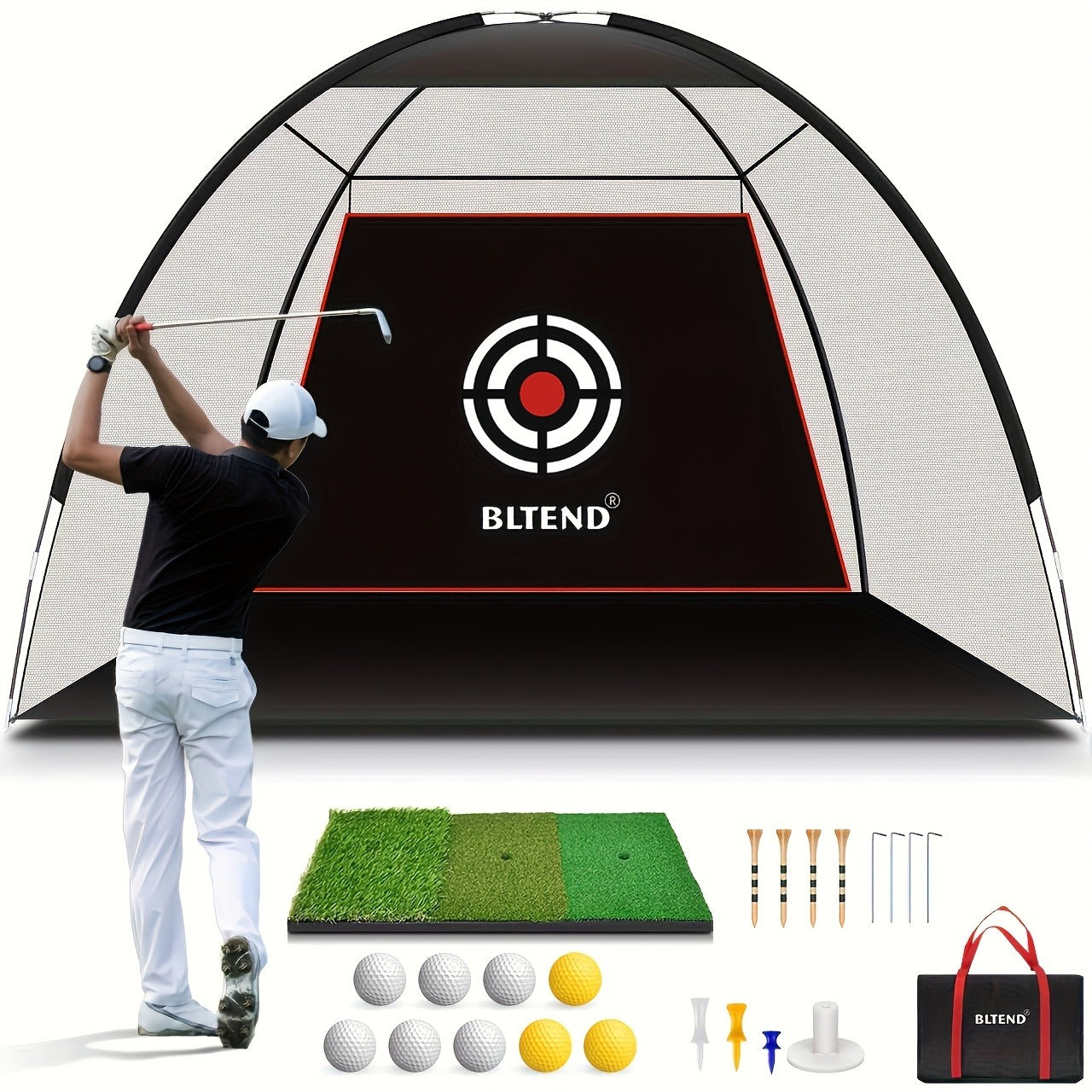 Golf Practice Net with Mat Set 10x7ft – Heavy Duty Backyard Driving Hitting Net with Turf Mat Golf Balls Rubber Tees & Carry Bag for Indoor