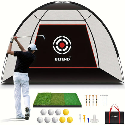 Golf Practice Net with Mat Set 10x7ft – Heavy Duty Backyard Driving Hitting Net with Turf Mat Golf Balls Rubber Tees & Carry Bag for Indoor