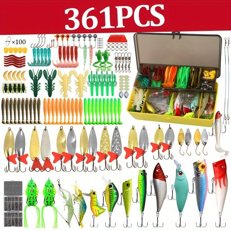 Fishing Lures Kit 361pcs with Tackle Box – Minnow, Spoon, Frog, Soft Worm, Jig Head & Spinner Baits Set for Saltwater & Freshwater Bass