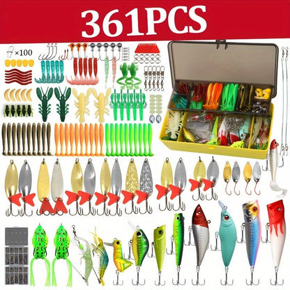 Fishing Lures Kit 361pcs with Tackle Box – Minnow, Spoon, Frog, Soft Worm, Jig Head & Spinner Baits Set for Saltwater & Freshwater Bass