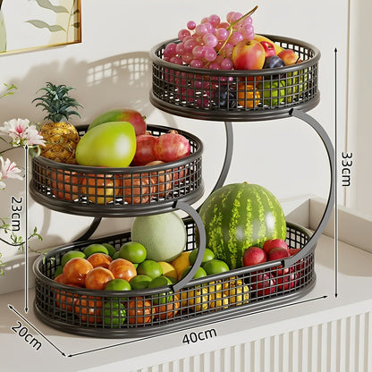 Three-Level Black Wire Fruit Basket with Two Round Bowls and 15.75-Inch Rectangular Base Tray