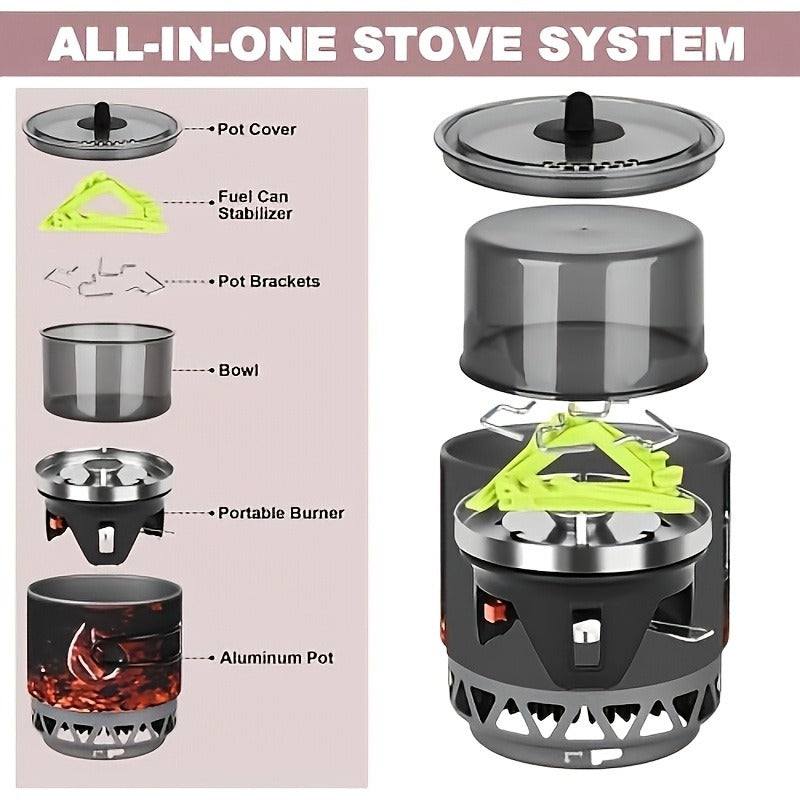 Backpacking Stove Cooking System with Pot Piezo Ignition 1KW Isobutane Burner 1.2L Pot Brackets Included for Garden, Patio and Yard Use