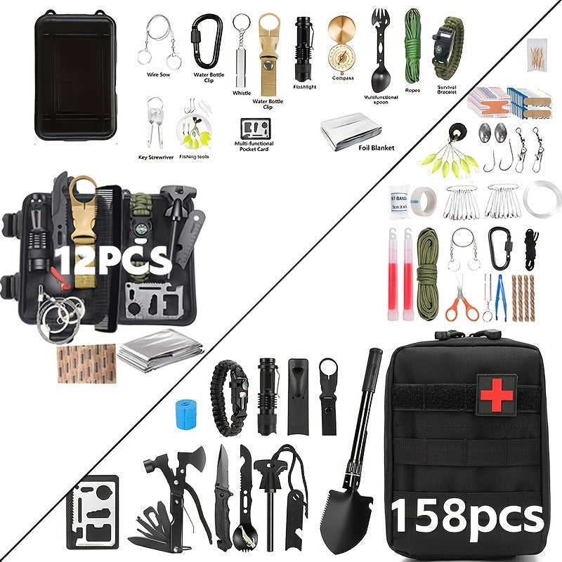 12- or 158-Piece Outdoor Tool and Supply Kits with Carry Pouch, Shovel and Fire-Starting Accessories