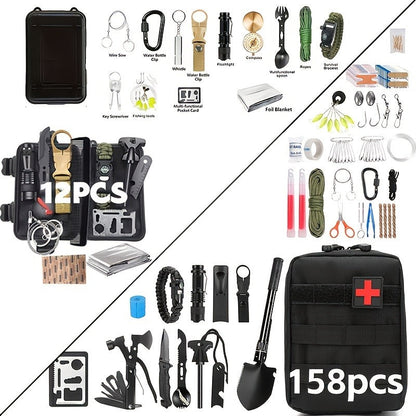 12- or 158-Piece Outdoor Tool and Supply Kits with Carry Pouch, Shovel and Fire-Starting Accessories