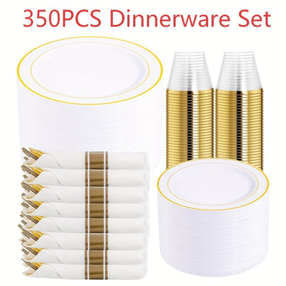Gold Plastic Plates Disposable Dinnerware Set 350pcs, 50 Dinner Plates, 50 Dessert Plates, 50 Gold Rim 9oz Cups & 50 Gold Cutlery Sets
