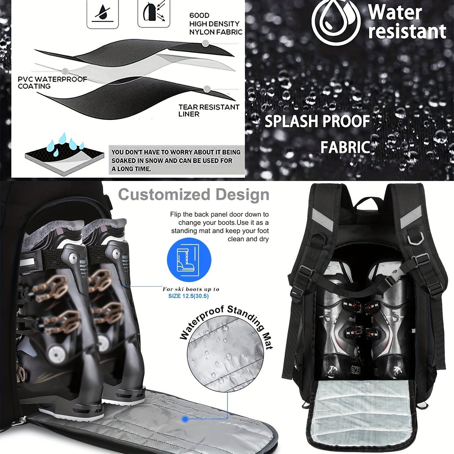 Ski Boot Bag Snowboard Backpack 40-50L Large Capacity Snow Gear Bag for Skiing Helmet Goggles Gloves Snowboard Accessories Winter Sports
