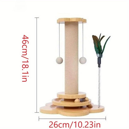 Sisal Cat Scratching Post with Hanging Ball & Turntable Interactive Toy 18.1 Inch – Sturdy Non-Slip Base Suction Cup Bottom for Kittens