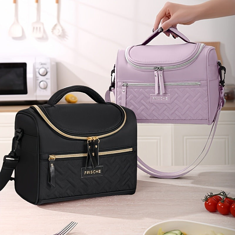 Quilted Lunch Bag Tote with Dual Zippers, Front and Side Pockets, Shoulder Strap and Four Colors