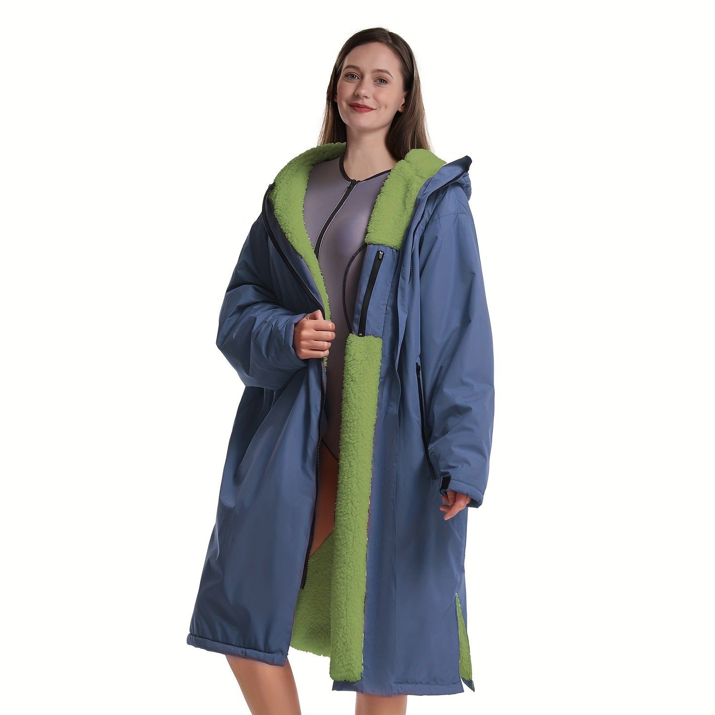 Changing Robe Fleece Lined Hooded – Long Sleeve Windproof Warm Surf Poncho for Swimming, Surfing, Diving, Camping & Hiking – 43.3x31.5in