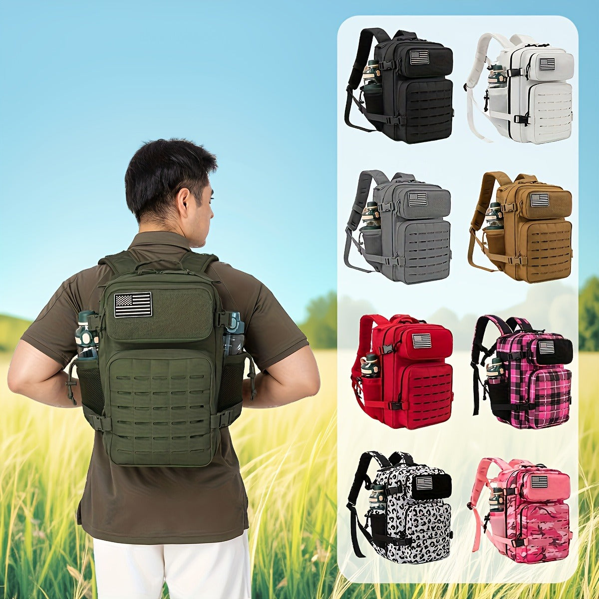 25L Tactical Laptop Backpack with Dual Side Bottle Pockets and Nine Color or Pattern Options