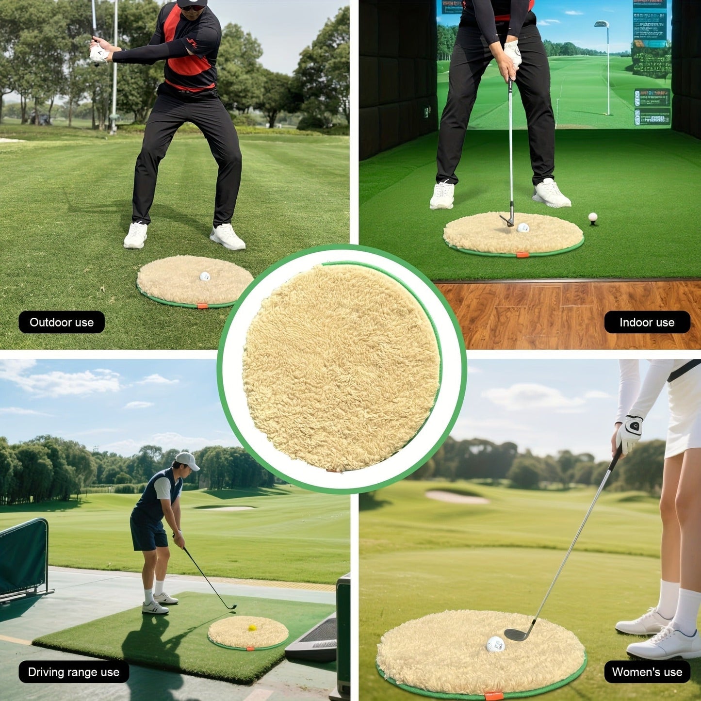 Round Golf Bunker Practice Mat with 19.69-Inch Diameter, Two Yellow Practice Balls and Green Border
